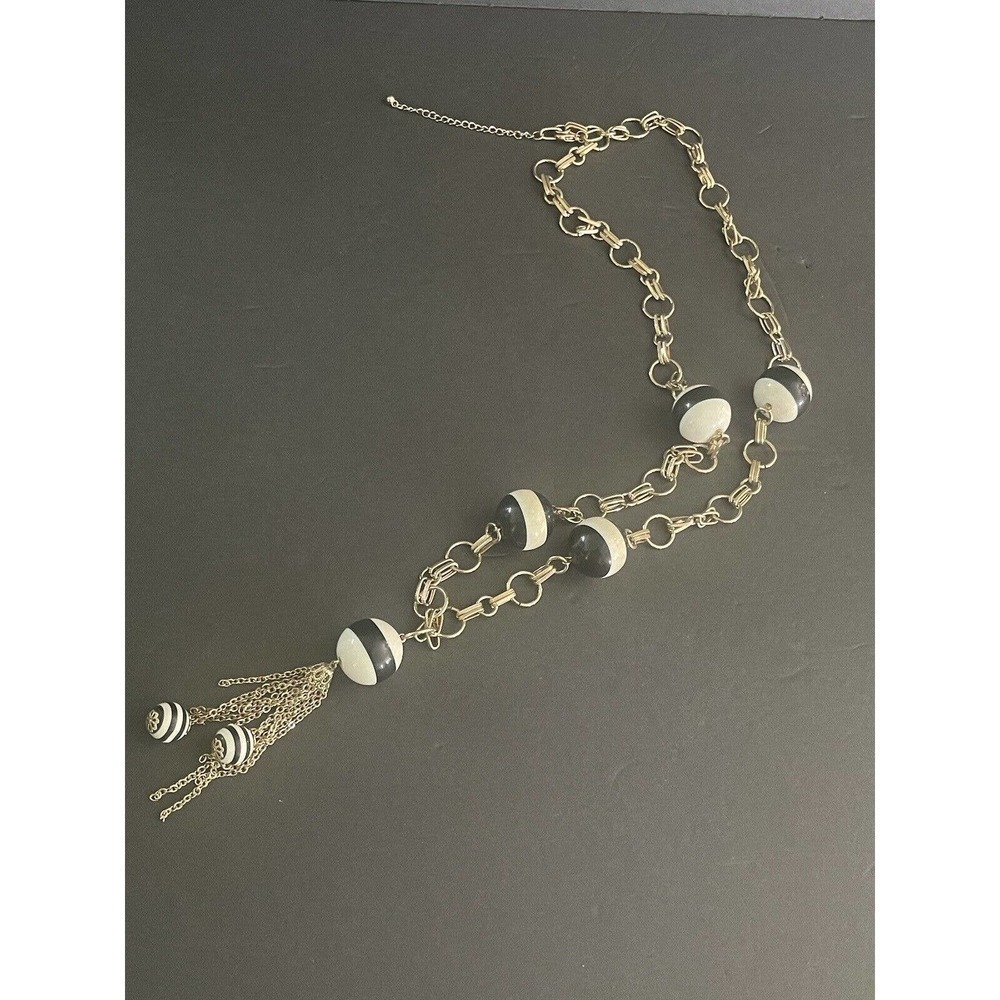 MCM VINTAGE ART DECO BLACK WHITE STRIPED BEAD RETRO TASSEL NECKLACE 36” - Picture 1 of 9